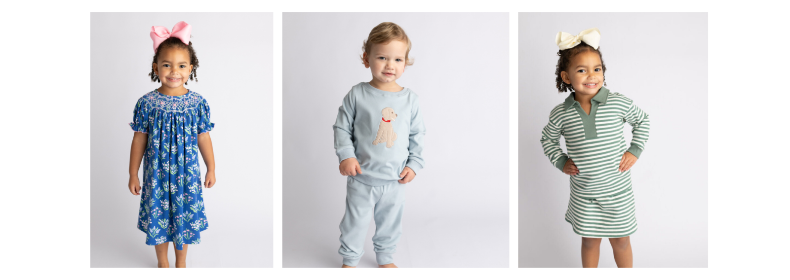 Banner image with three children in cothing samples.